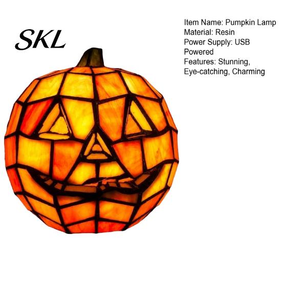 Decorative Pumpkin Lamp Stained Glass Lamp, Halloween Bedside Table Orange Night Light Accent for Indoor, Home, Holiday Party Decor