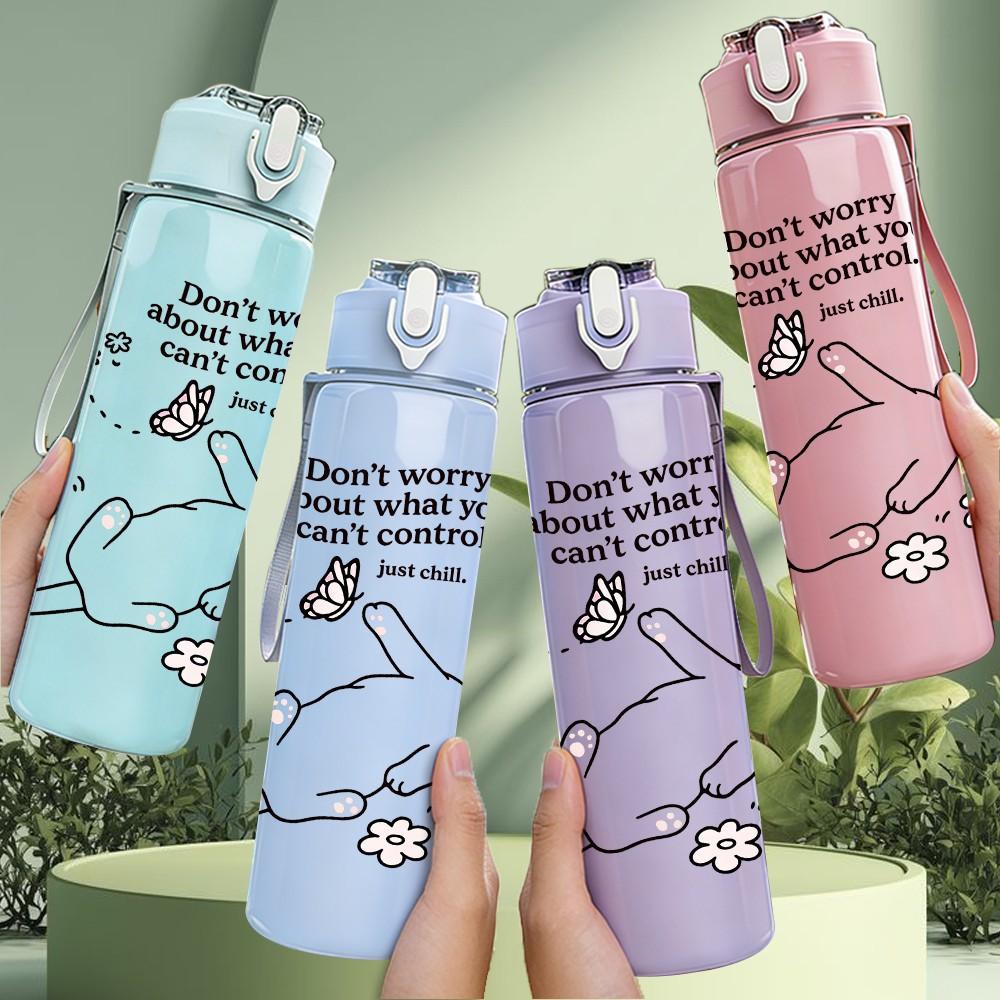 1PC Cute Rabbit Relax Quote Print 750ml Color Plastic Sports Water Bottle Leakproof Flip Straw Lid Suitable for Sports Office Home Use