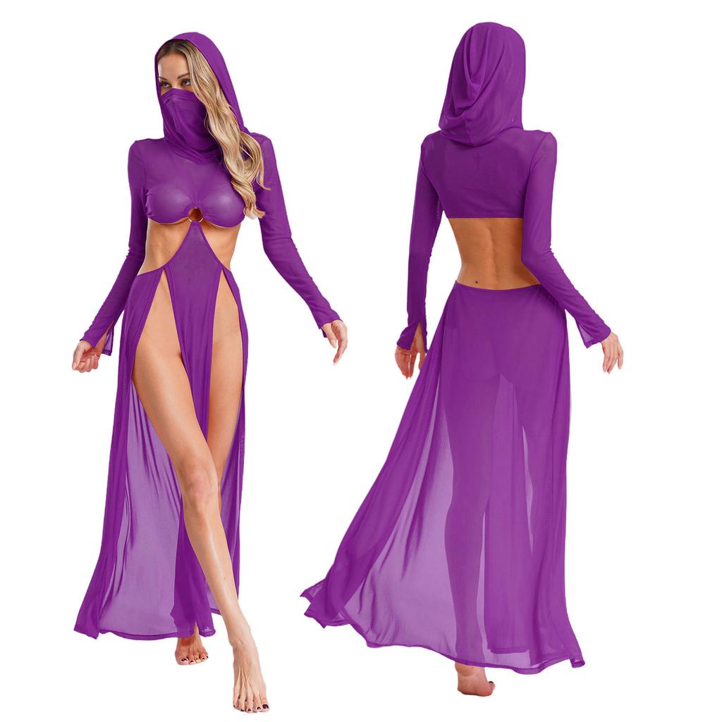 Fashion Women Sheer Dress Maxi Hollow Out Mesh Coverup with Long Sleeves Hooded Mask and High Slit, Sexy Party Club Wear