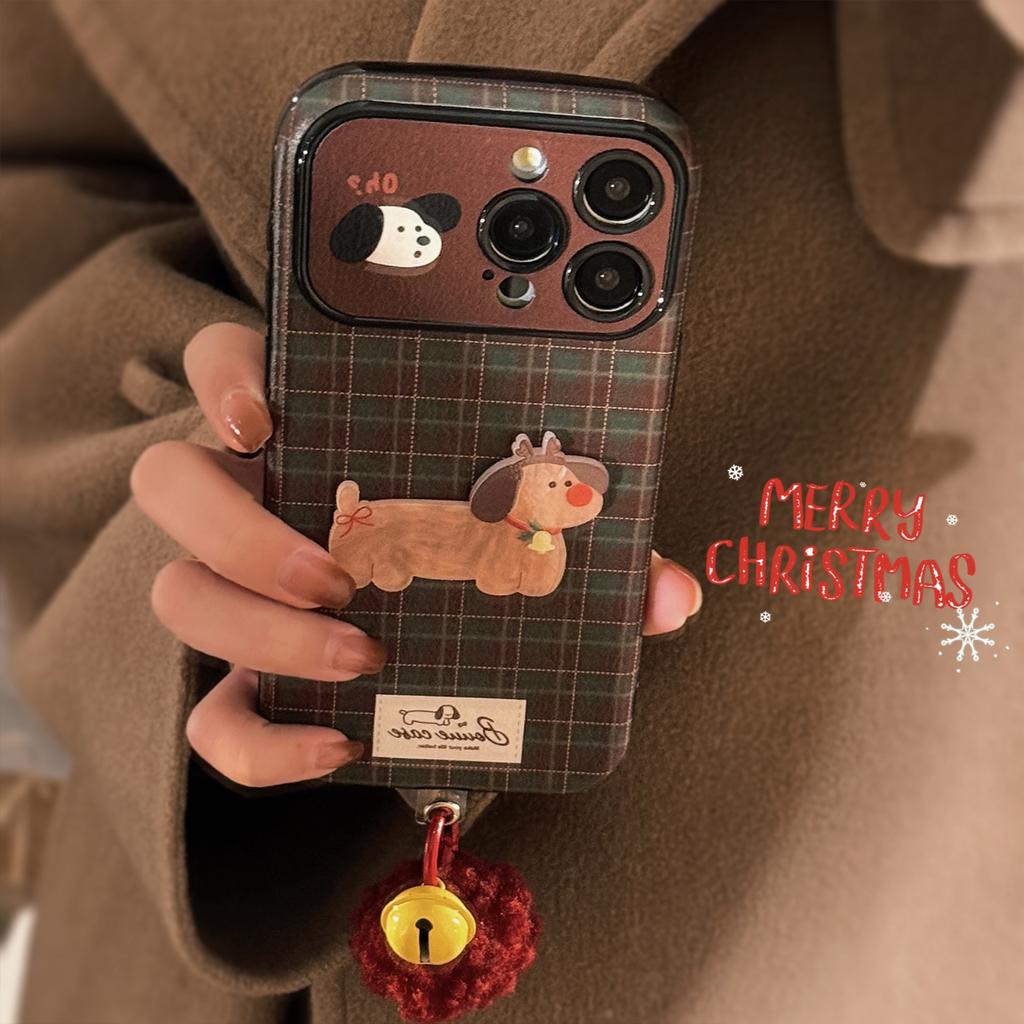 Retro Checkered Suits Apple 16 Mobile Phone Case IPhone 15 Christmas Puppy 14promax Leather 13 Plush Rope