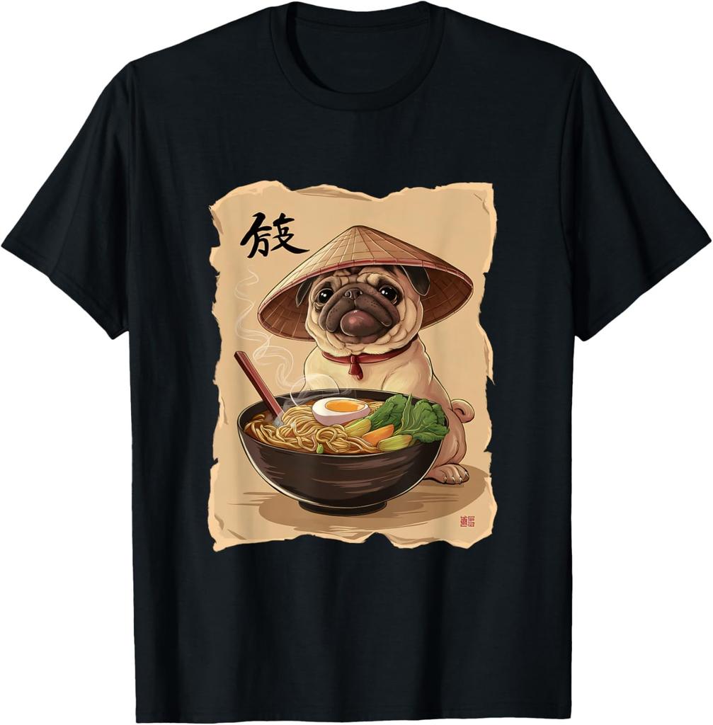 Men Woman Kawaii Eating Ramen Japanese Pug T-Shirt
