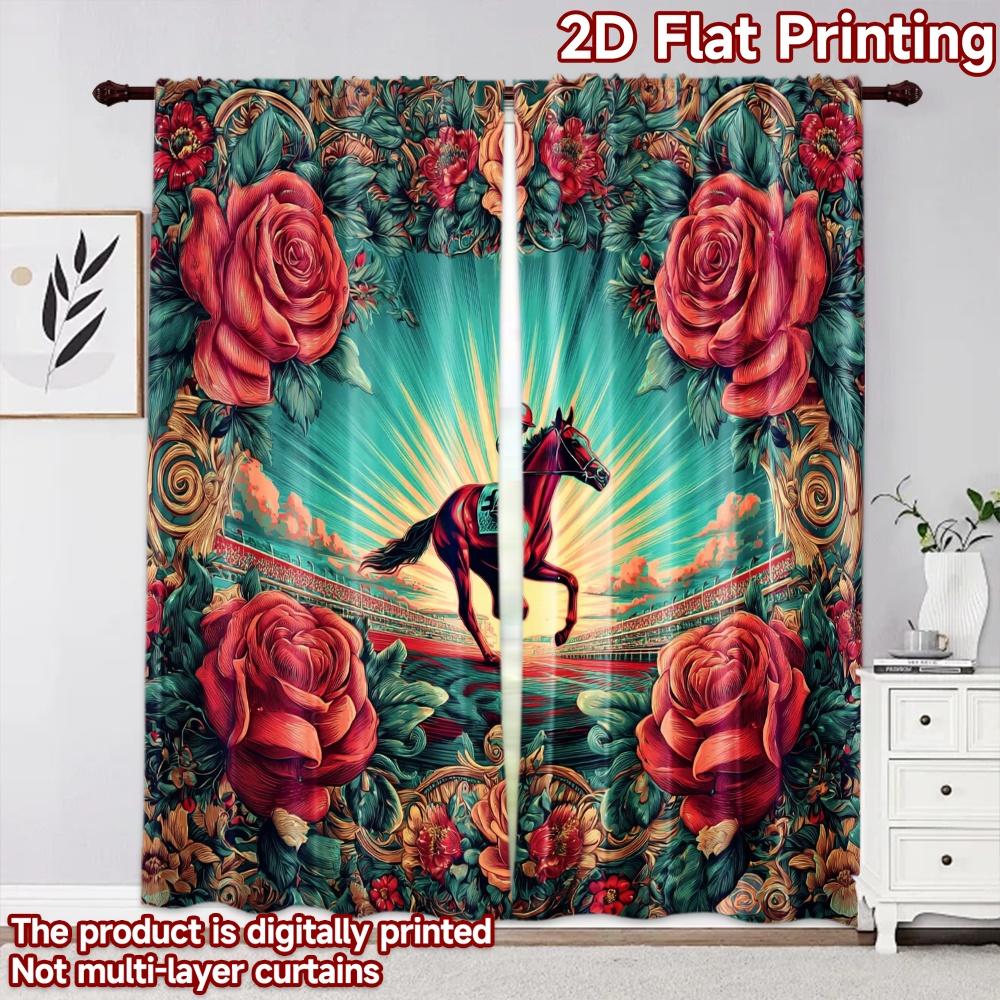 2D flat printing 2pcs Curtain Window Curtains Racing Horse with Roses Digital Printed Polyester Drapes Family Party Use for
