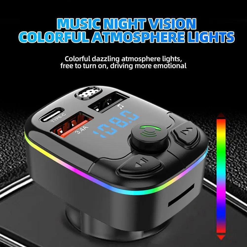 FM-модулятор Bluetooth 5.0 PD Type-C Dual USB 3.4A Быстрая зарядка Зарядное устройство Hands-Free Беспроводной автомобильный FM-передатчик Беспроводной свет