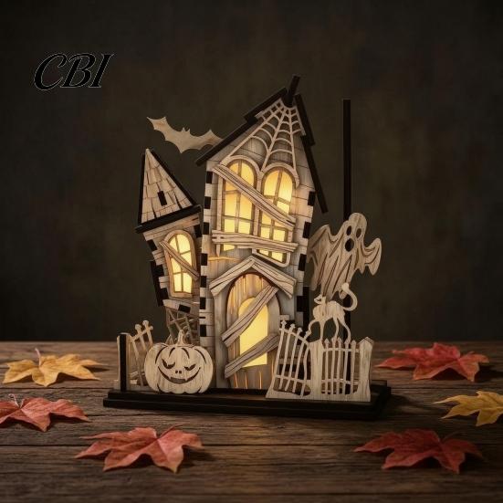Spooky Festival Interior Furnishing 3D Halloween Village Haunted House Figurine, Light Up Wooden Castle Ornament Assembled Model with Ghost