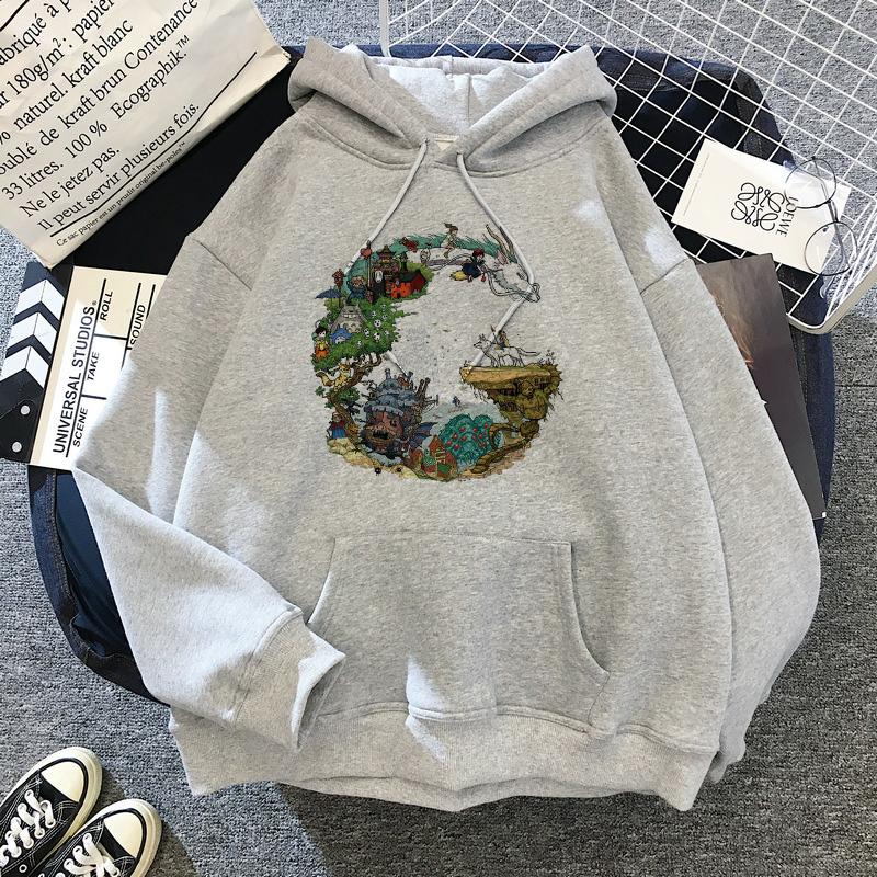Japanese Anime Cartoon Totoro Hoodie Women Kawaii Hoodies Miyazaki Hayao Studio Ghibli Harajuku Grey Sweatshirts Unisex Sweatshirt