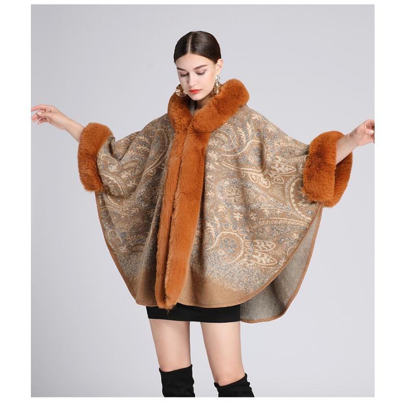 Зимняя женская шаль-накидка с меховым воротником, жаккардовым капюшоном, больших размеров, с рукавами семь восьмых, твидовый жакет-кардиган