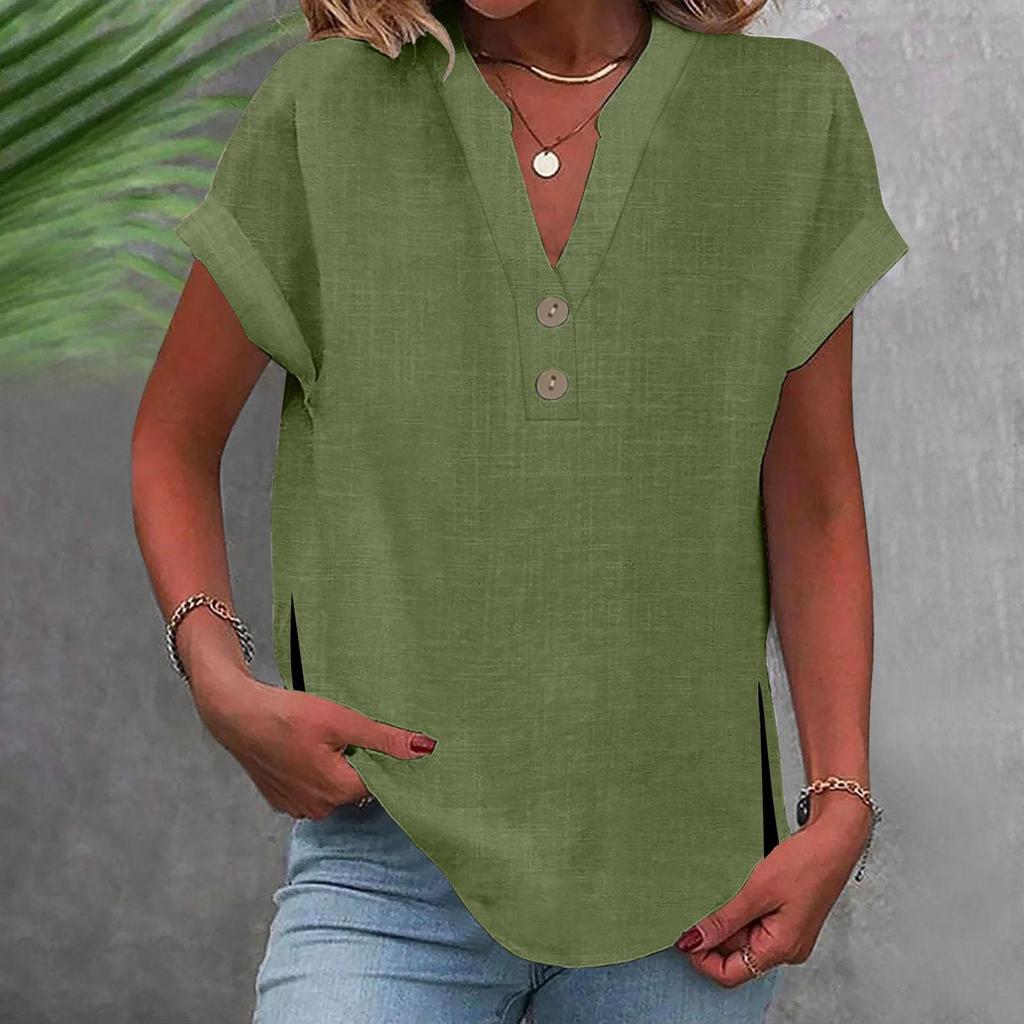 Women's Fashion Casual Solid Colour V-Neck Short Sleeve Button Split Shirt T-Shirt Top