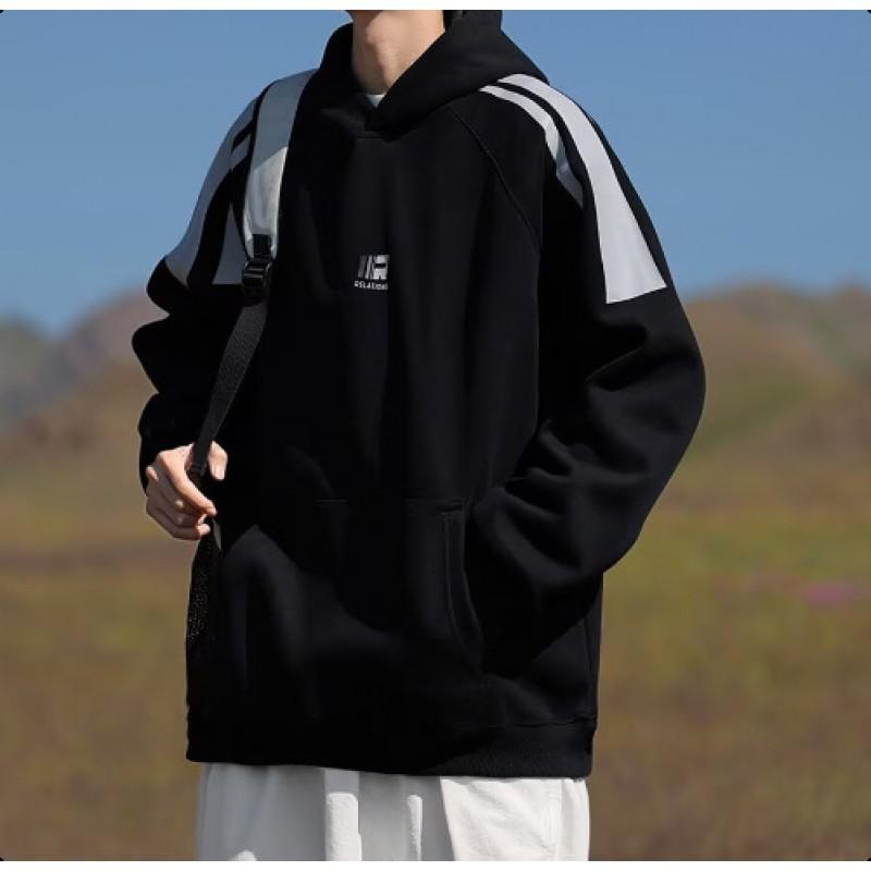 Unisex Oversized Hooded Sweatshirt With Stripe Patchwork Design Fall Winter Warm Fleece Lined Casual Top
