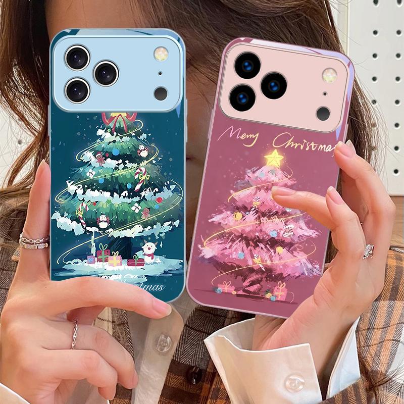 Украшенная Рождественская Елка Для iPhone 17 Air 16 E 15 14 13 Plus 12 mini 11 17 Pro Max XR Xs Max 16E 7 8 Закаленное Стекло Чехол Для Телефона