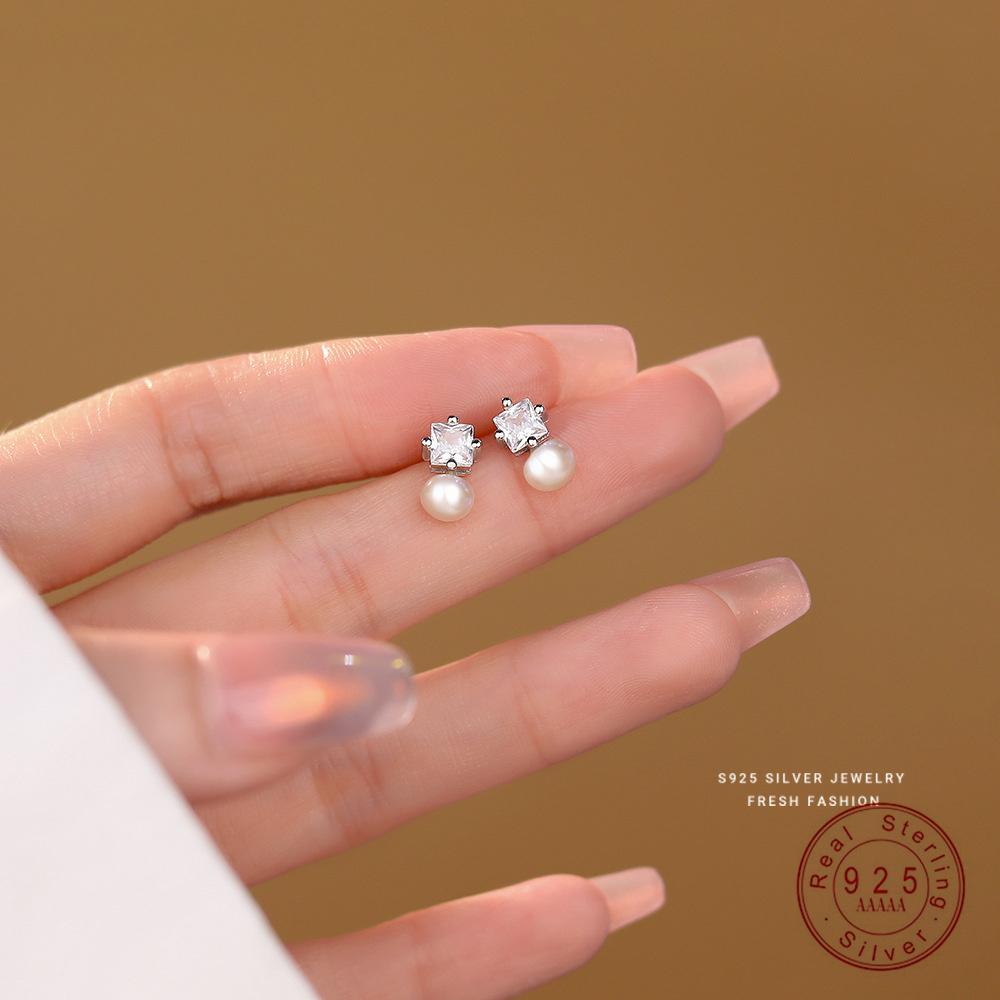 Real 925 Sterling Silver Freshwater Pearl Zircon Stud Earring Gift for Women Party Fine Jewelry Gift