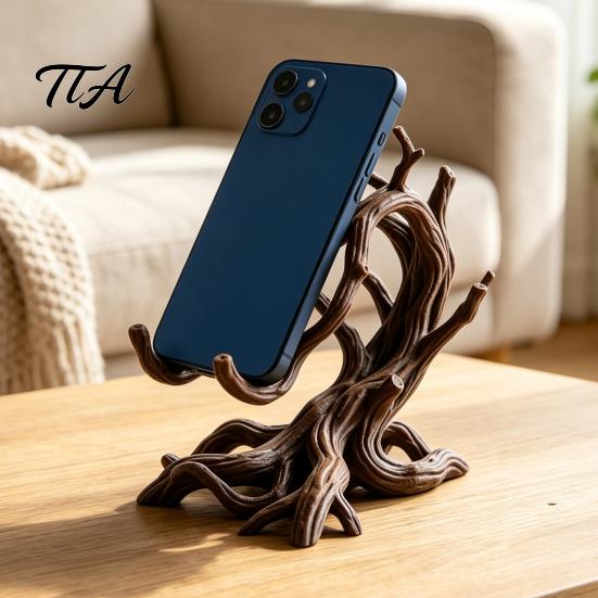 Stable Desk Accessories 3D Printed Tree Branch Phone Stand, Artistic Twisted Wood Holder Unique Root Ornament for Cell Phone, Rustic Organic
