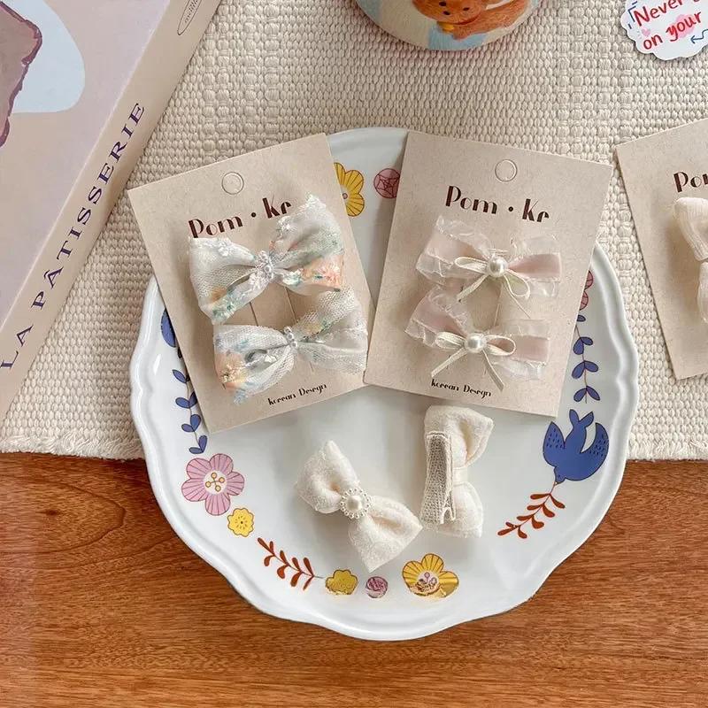 2 шт./комплект, милая заколка для волос принцессы для девочки, бежевый цвет, кружевной бант, конфетная заколка для волос для малышей, полная ткань, детская челка, боковая заколка