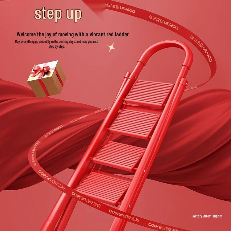 Red Festive Folding Telescopic A-Frame Ladder Stool: Indoor & Outdoor Use