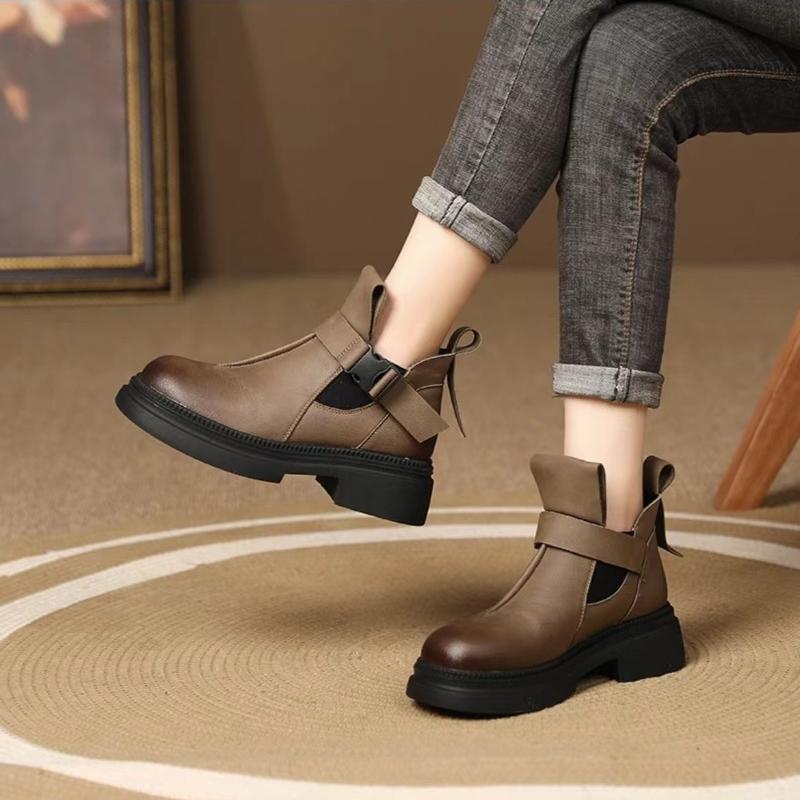 Мода 2024 Осень/Зима Новый Стиль Женские Короткие Сапоги Флисовая Подкладка Теплая Мягкая Кожа Универсальные Модные Женские Туфли Пряжка