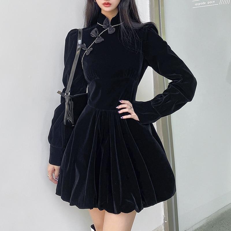 Cheongsam Darlingaga винтажное элегантное готическое велюровое черное платье с темным бантом осень-зима в китайском стиле плиссированные платья вечерние одежда с бриллиантами