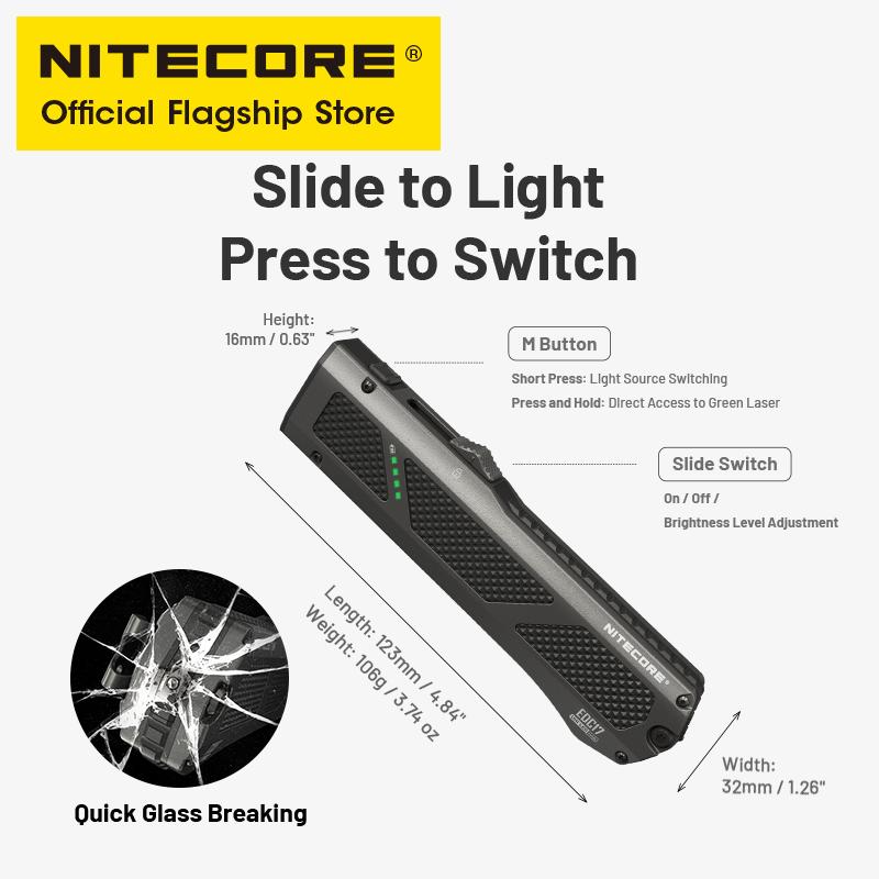 NITECORE EDC17 EDC Flashight 1350mW UV Light Green Laser Class 1 1500 Lumen USB-C Rechargeable Troch Light with Li-ion Battery