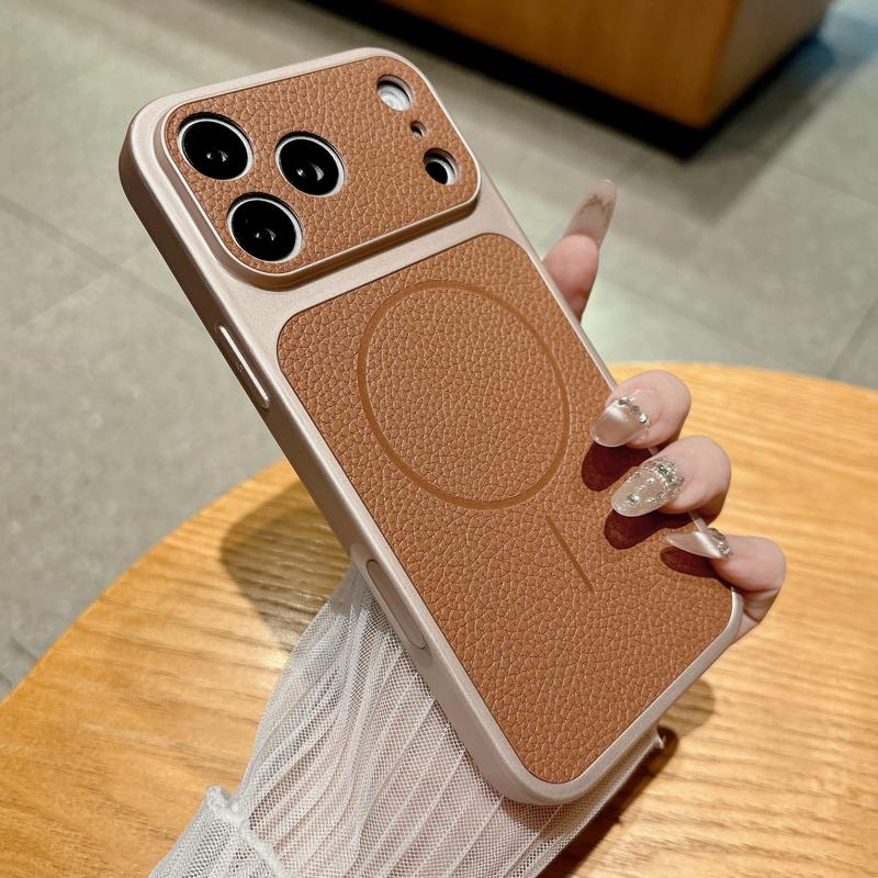 Роскошный кожаный чехол с узором личи для iPhone 17 16 15 14 13 Pro Max 16Pro Чехол с поддержкой беспроводной зарядки Magsafe