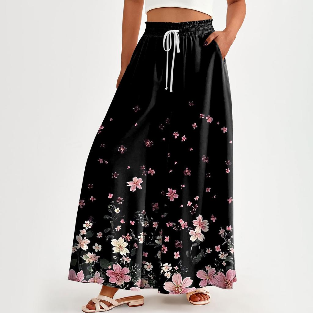 Women High Waisted Wide Leg Pants Casual Flowy Palazzo Pants Floral Print Trousers With Pocket