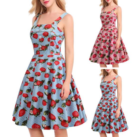Women Prom Dress Strawberry Print A-line Big Swing Vintage Button Decor Sleeveless Back Zipper High Waist Backless Square Neck Cocktail Midi Dress