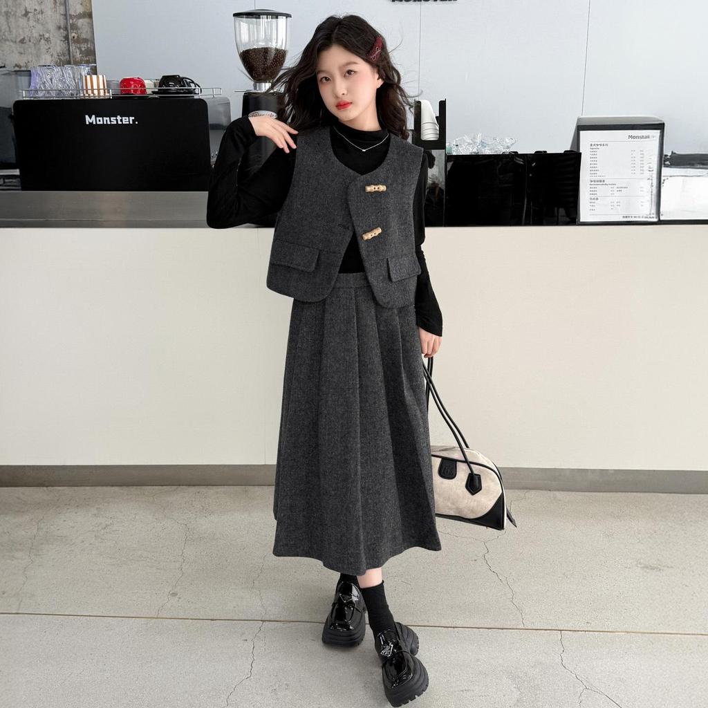 Стильный серый комплект из жилета и юбки для девочек на весну/осень 2025 года