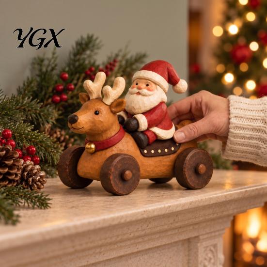 Indoor Winter Seasonal Accents Christmas Santa Claus And Reindeer Figurine, Resin Elk Car Ornament, Retro Handmade Wood Look Desk Decor Style Desktop