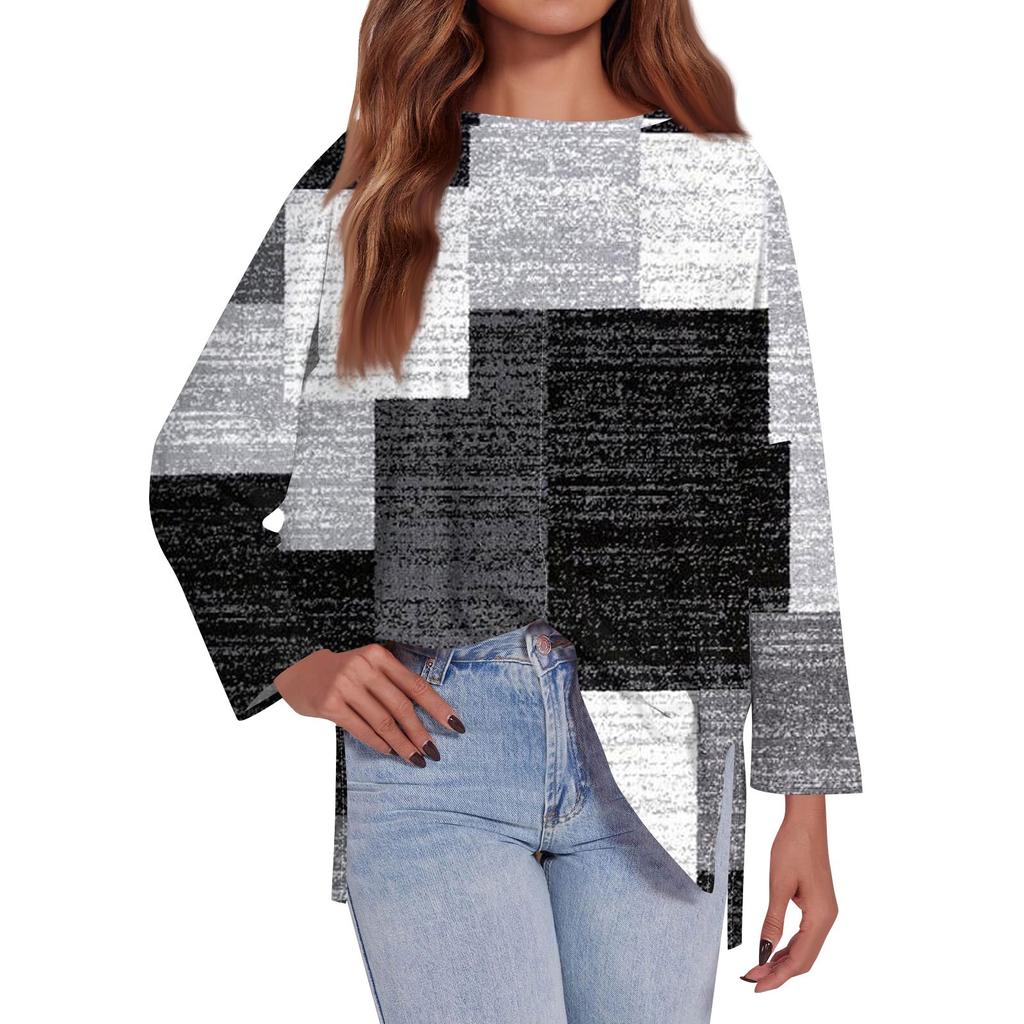 Женская модная свободная футболка большого размера с круглым вырезом и длинным рукавом, с геометрическим узором по бокам, с принтом, повседневный топ