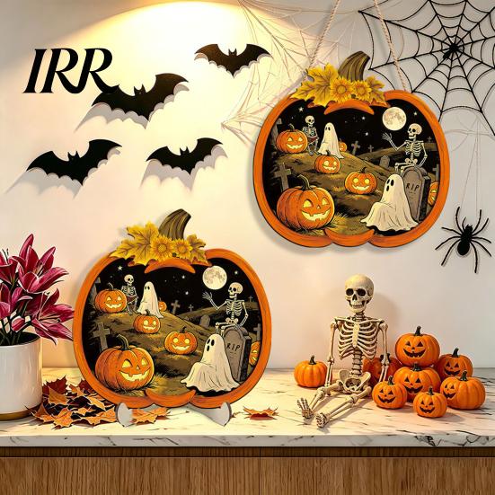 Rustic Wooden Pendant Halloween Pumpkin Sign, LED Light Up Ghost Hanging Lighted Wood Decor Wall Sign for Indoor Outdoor Holiday Party Art