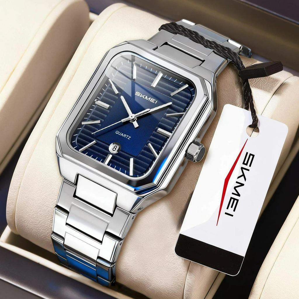 Skmei Роскошные Квадратные Кварцевые Часы для Бизнеса Классический Циферблат с Полосатым Дизайном с Браслетом из Нержавеющей Стали Наручные Часы для Мужчин