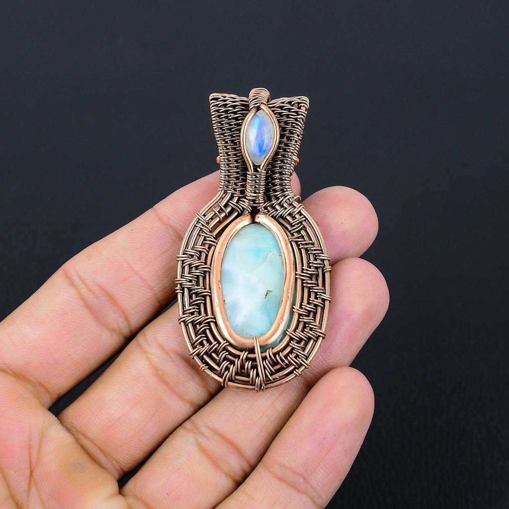 Larimar & Moonstone Gemstone Handmade Pure Copper Wire Wrap Jewelry Pendant For Women