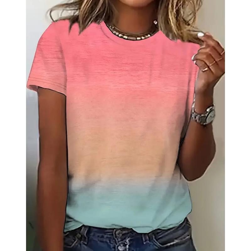 Женская летняя футболка Ретро мода Футболки с коротким рукавом Повседневные топы с градиентным принтом