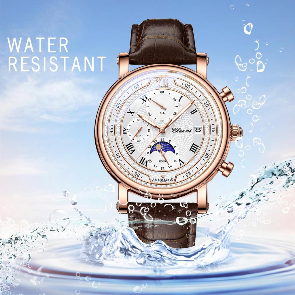 Starry Sky Watch with Genuine Leather Strap and Roman Alphabet Analog Luminous Moon 3ATM Water Quartz and Stylish Fashion Accessory Perfect for or As