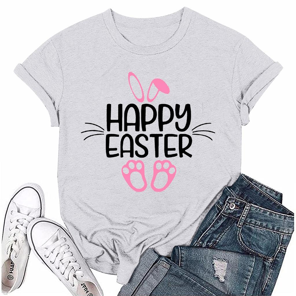 Женская модная пасхальная принтованная повседневная плиссированная круглая футболка с коротким рукавом