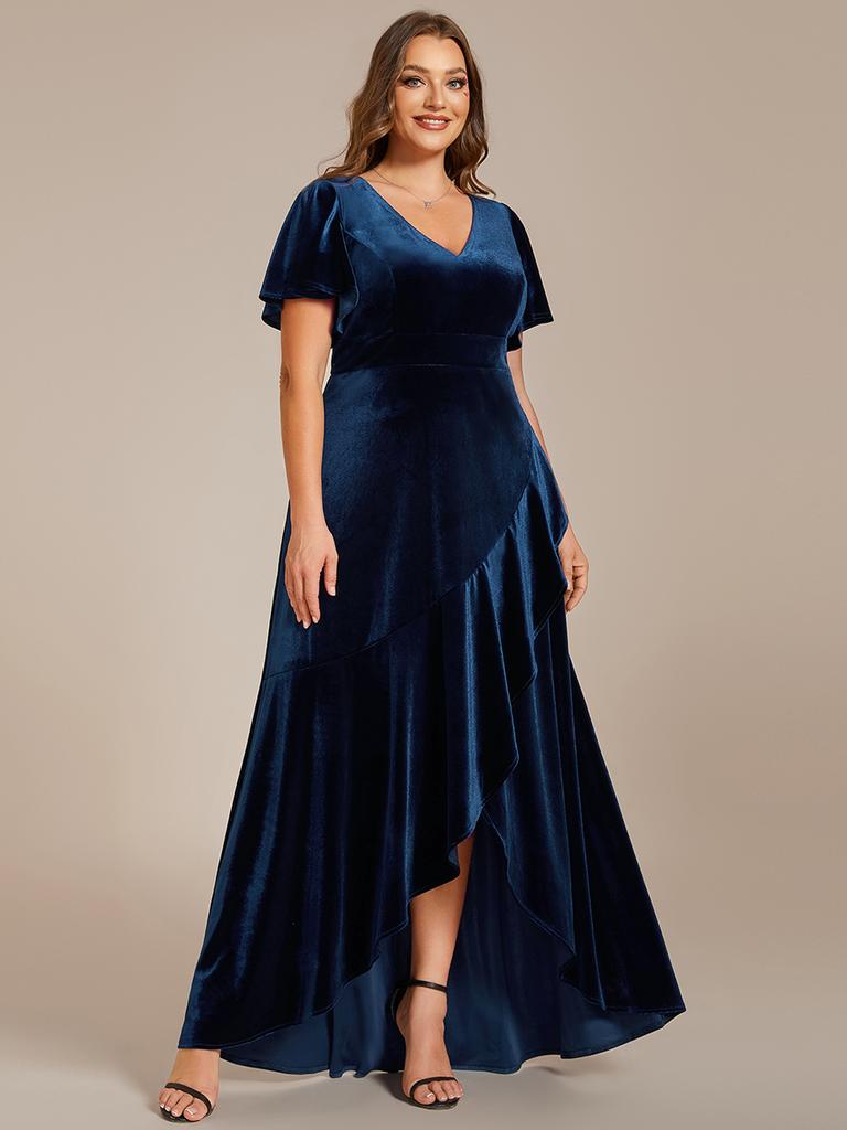 Ever-Pretty Women's Plus Size Velvet Lotus Leaf Ruffles Short Sleeves V Neck High-Low Hem Evening Dress