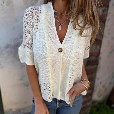 2025 Новое поступление Женский весенне-осенний ажурный вязаный кардиган на одной пуговице и со средними рукавами для дам