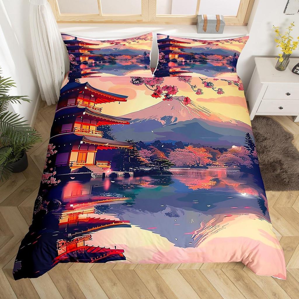 Mount Fuji Duvet Cover Twin Size Kids Cherry Blossoms Comforter Cover Set For Boys Girls Teens Natural Scenery Art Bedding Set