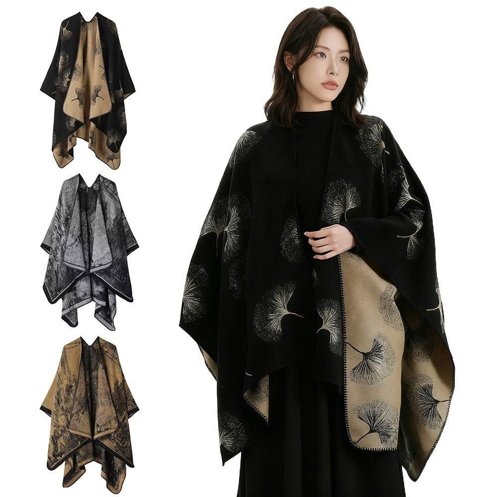 Loose Fit Women Cloak Thick Tie Dye Cape Casual Ginkgo Cape Lady Outerwear