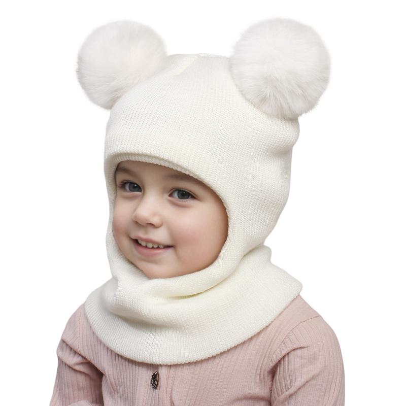 Pompom Baby Winter Hat Scarf One-piece Kids Knitted Beanie Warm Ears Neck Children Bonnet Infant Cap for Girls Boys 1-5Y