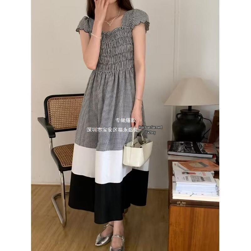 Women's Summer 2023 Plaid A-Line Dress with Contrast Color and Short Flutter Sleeves