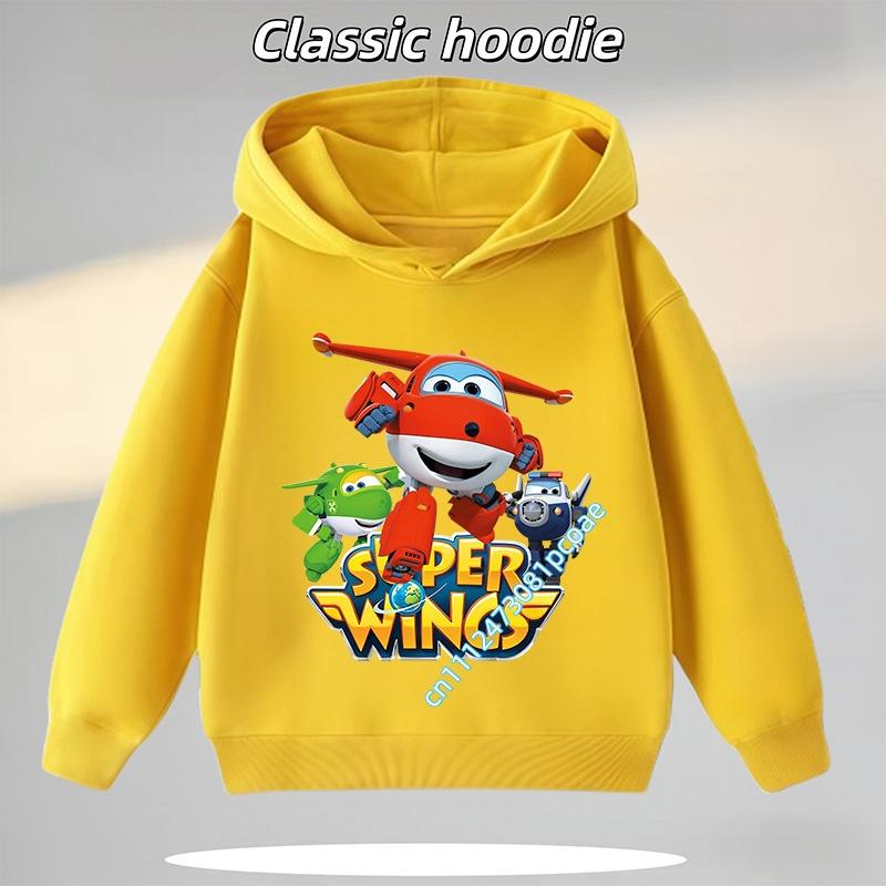 Super Wings Boys' Sports Shirt, Girls' Casual Top, Children's Hooded Sweatshirt, Cartoon Print, Autumn/Winter Long-Sleeve