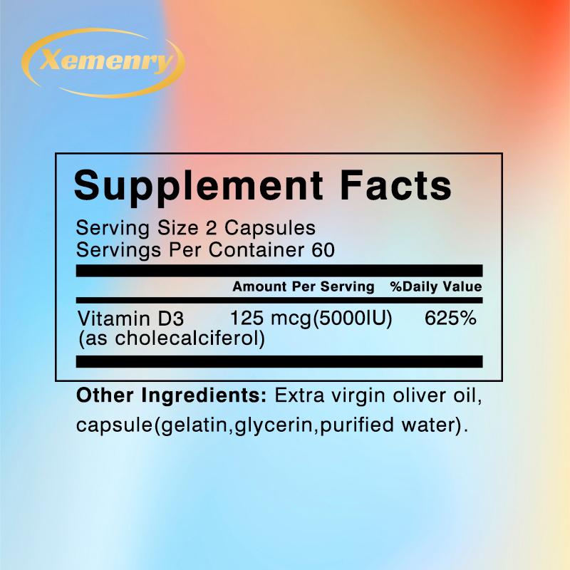 XEMENRY Vitamin D3 Extract Capsules, 5,000 IU per serving, high purity, all-natural, suitable for both men and women.