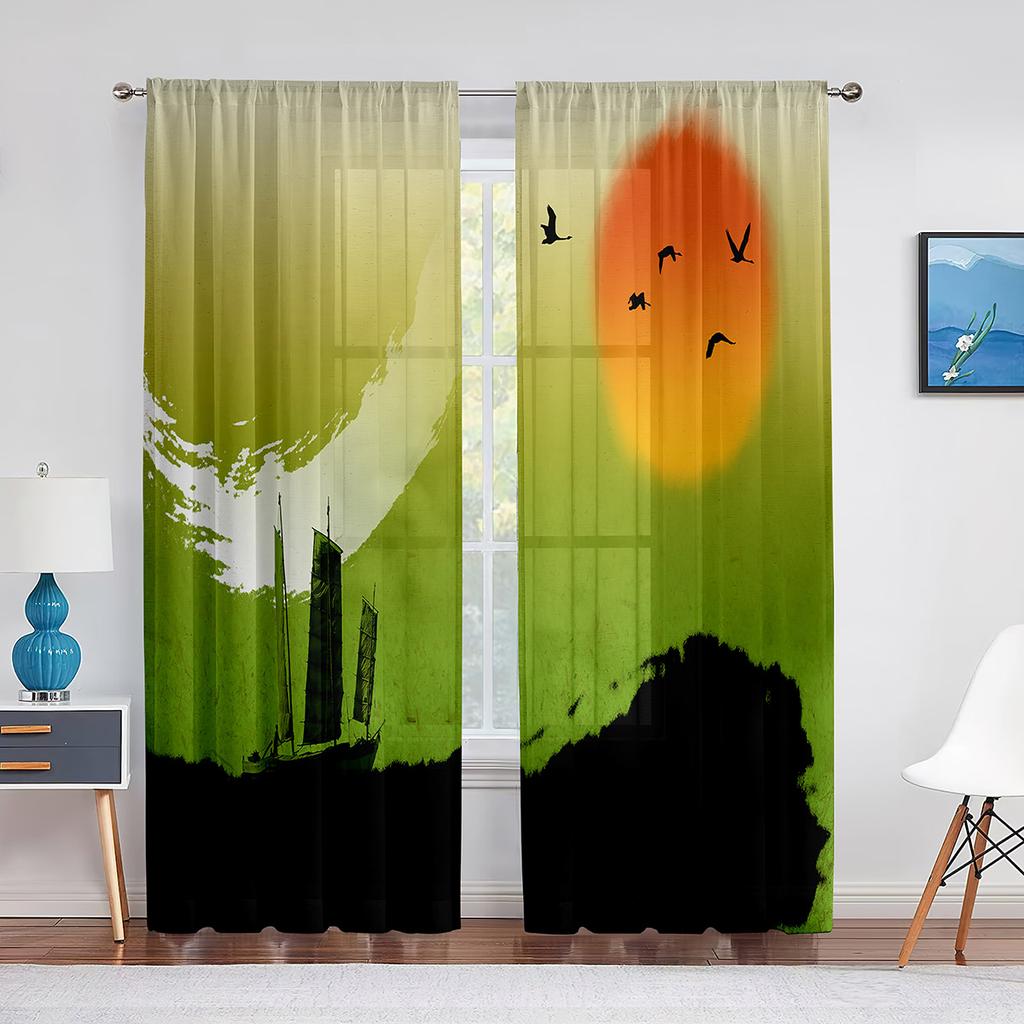 Птицы на ветке вишни, картина тушью, тюлевые шторы-вуали для спальни, оконные занавески для гостиной, прозрачные шторы, шторы