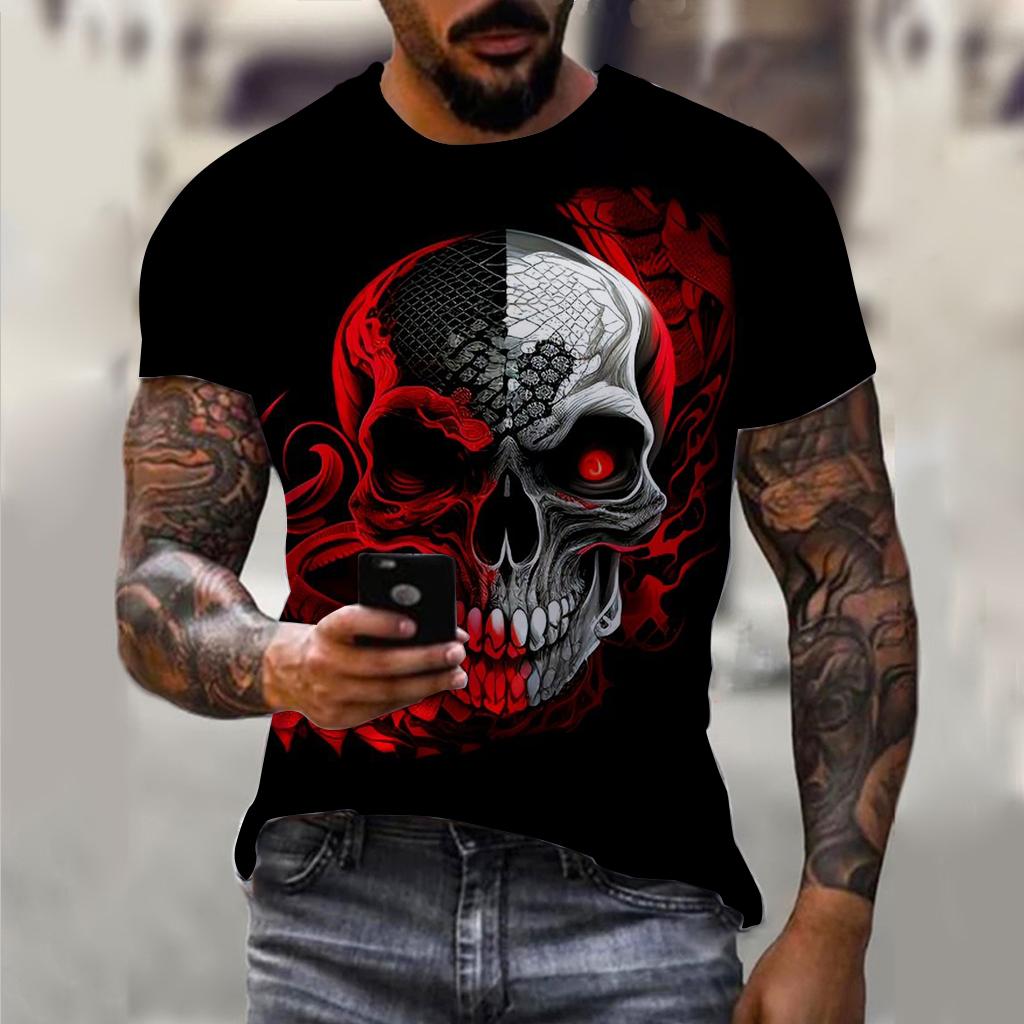 Summer Round Neck 3D Horror Skull Print Top Fashionable Casual Short Sleeved Men's T-shirts