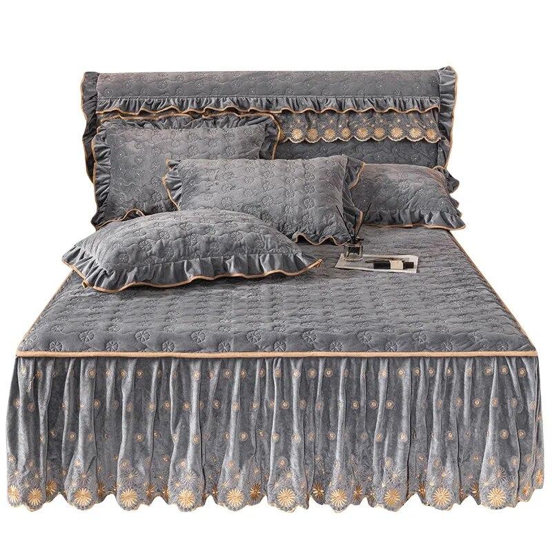 Бархатное покрывало с вышивкой, мягкое покрывало королевского размера, зимняя толстая юбка для королевской кровати с 2 наволочками, домашнее постельное белье