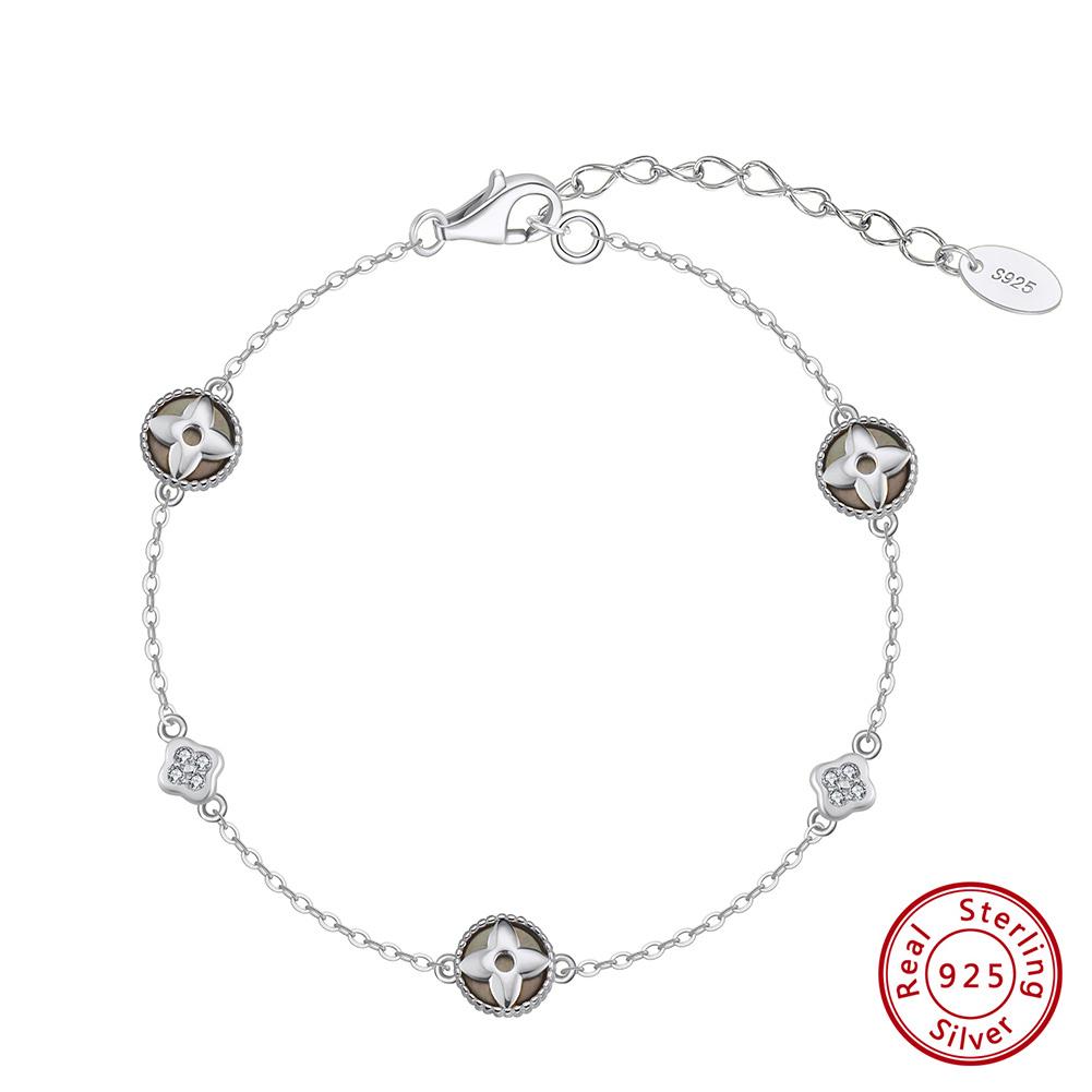 Sterling Silver Bracelet Gold Four-Leaf Clover Bracelet Mother-of-Shell Pearl Bracelet Female Fashion Style