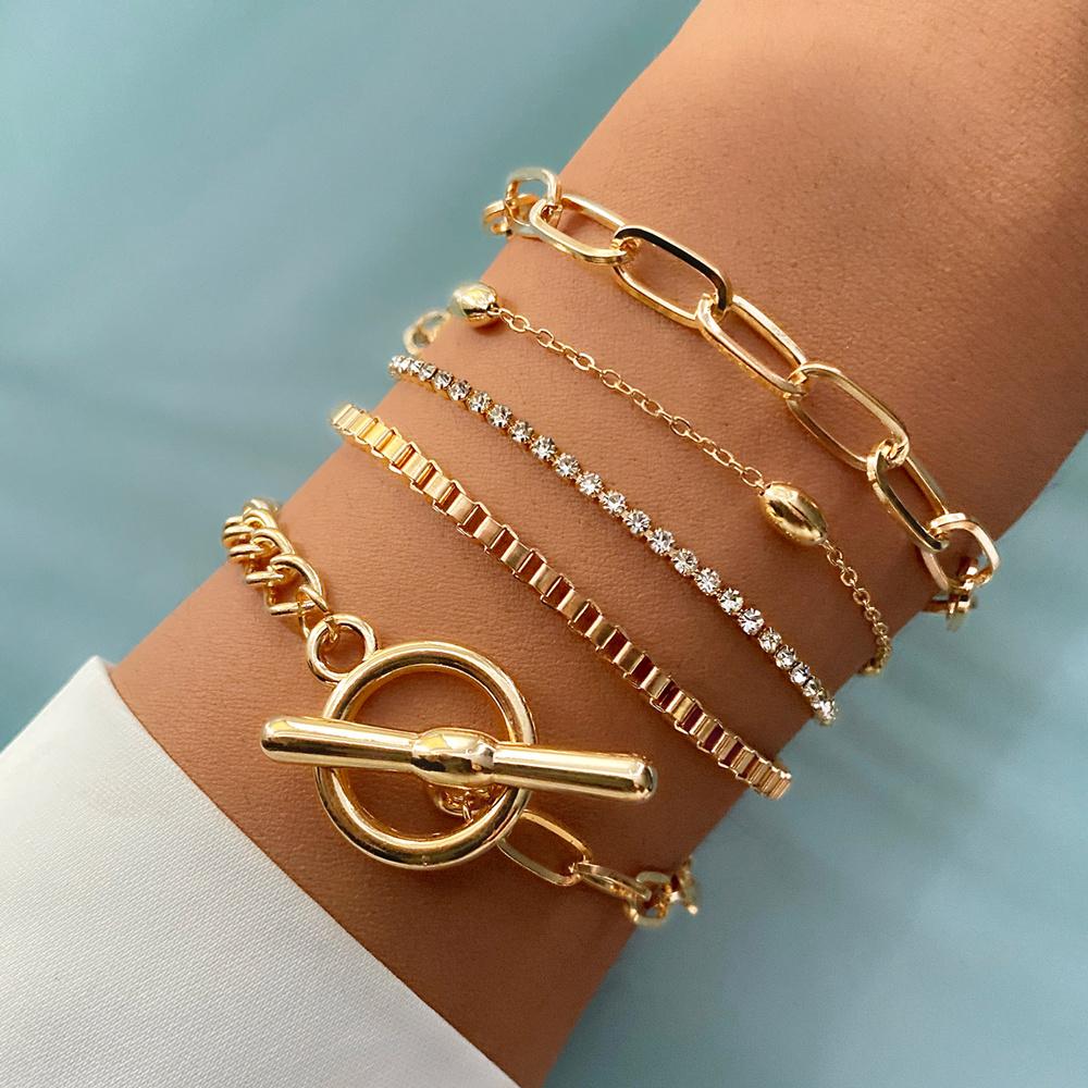 5 Pcs/Set Punk Gold Zircon Thick Chain Bracelet Female Bohemian Geometric Chain OT Buckle Bracelet Set Jewelry Girl Party Gift