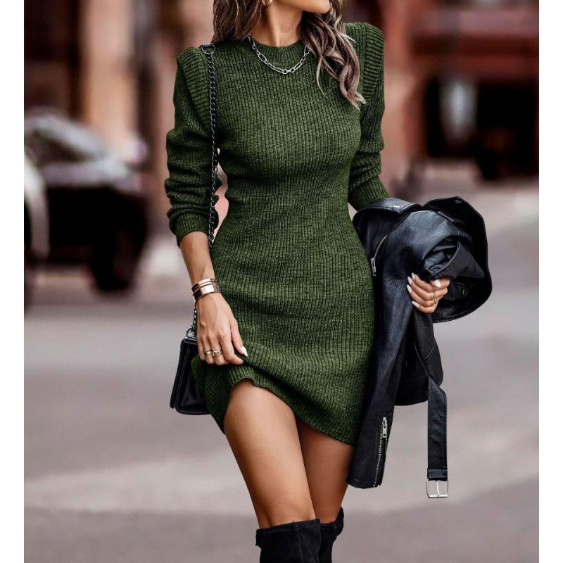 Autumn and Winter Women's Sweater Dress Solid Color Round Neck Long Sleeve Wrap Hip Sweater Dresses