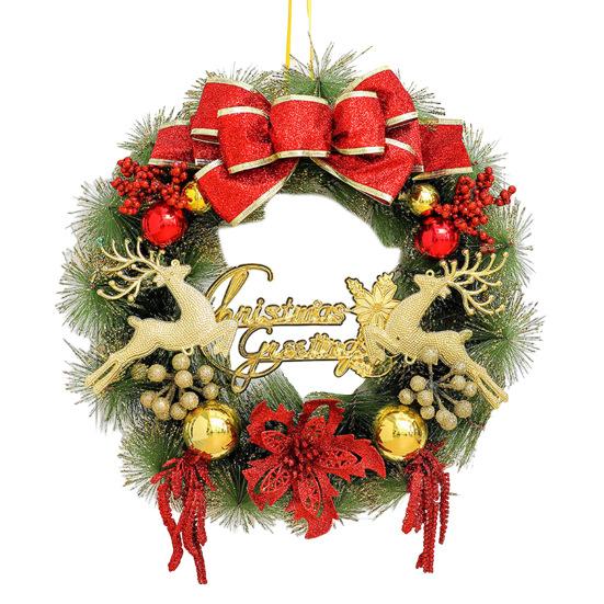 Christmas Wreath for Front Door Artificial Pine Needle Wreath with Balls Bows Flowers Merry Christmas Hanging Decor for Home Wall Window Porch Decor