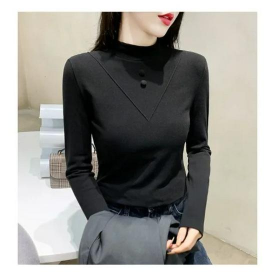 1x1 Ribbed Double-Sided Velour Women's Half High Neck Long Sleeve Slim-Fit Brushed Warm Top