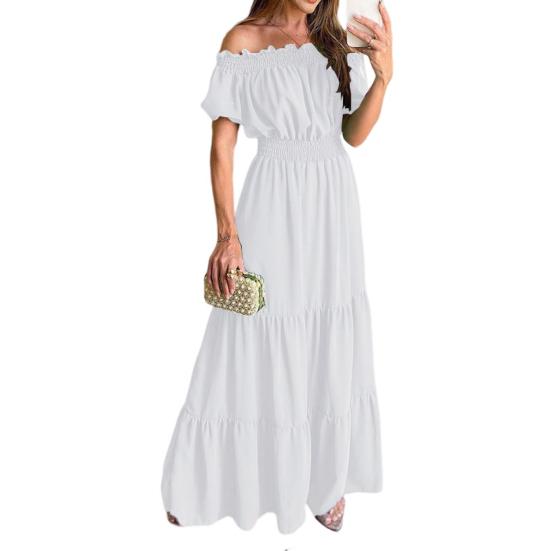 Пляжное платье с пышными короткими рукавами и эластичной талией, с большим подолом, трапециевидной формы и высокой талией, летнее с открытыми плечами, сплошное цветное платье макси в стиле бохо, уличная одежда