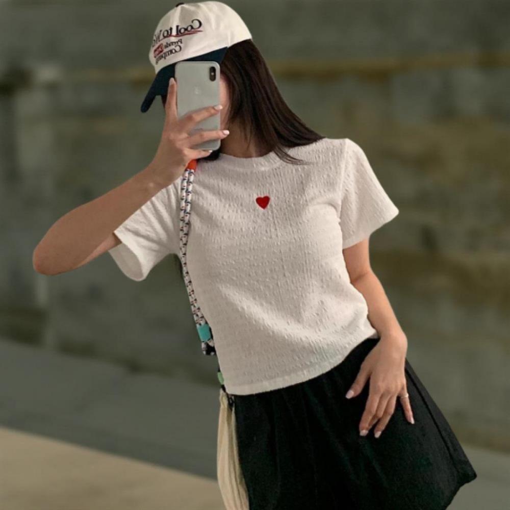New Arrivals Open Run Women HearT PaTTern ShorT Sleeve Round T shirT Semi Crop